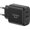 USBC Dual-Schnellladegerät mit EU-Steckeradapter - aus MFI-zertifizierter Fabrik - duale USB-C-Buchse - EU CEE 7 / 7 Schuko-Stecker - liefert 65 W vom Hauptanschluss - bei Nutzung des zweiten Anschlusses sinkt die Leistung auf 45 W und der zweite Ansch